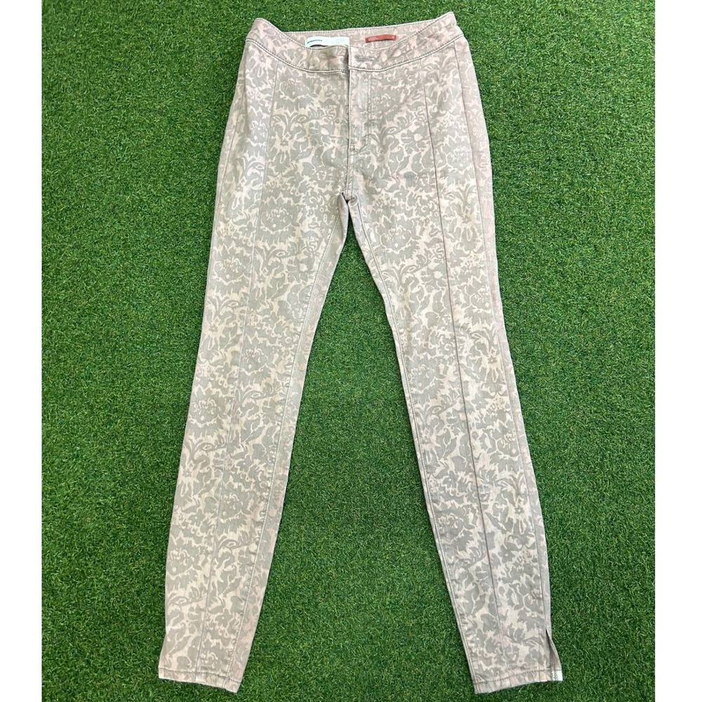 Anthropologie Pilcro Damask Floral Skinny Jeans Pink Grey Seamed Front Size 25